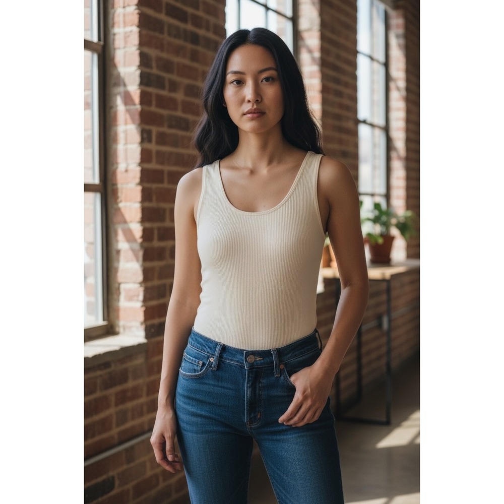 Pippa & Lou Womens Ribbed Scoop Neck Bodysuit Cream Ivory Size L/XL Sleeveless